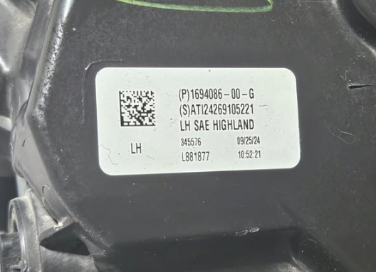 2024-2026 TESLA MODEL 3 HIGHLAND DRIVER SIDE LED HEADLIGHT OEM USED 1694086-00-G